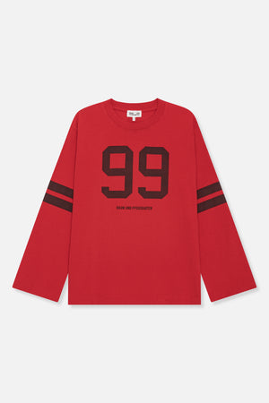 Red long-sleeve T-shirt, front view, with a large dark 99 graphic, matching sleeve stripes and Baum und Pferdgarten lettering.