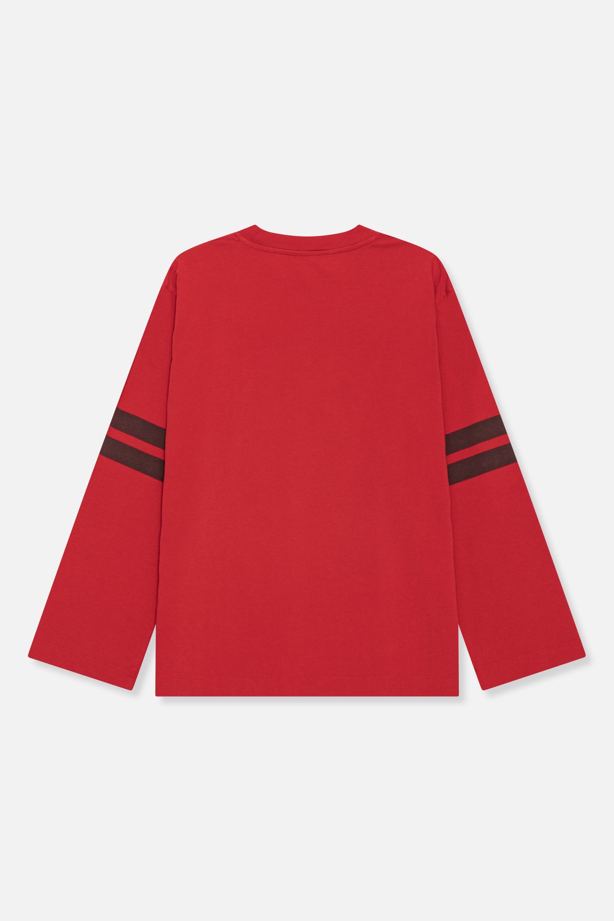 Back view of a red long-sleeved crew-neck top with dark burgundy stripes around the sleeves.