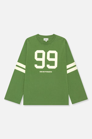 Front view of a green long-sleeved T-shirt with cream sleeve stripes, a large 99 graphic and Baum und Pferdgarten text.