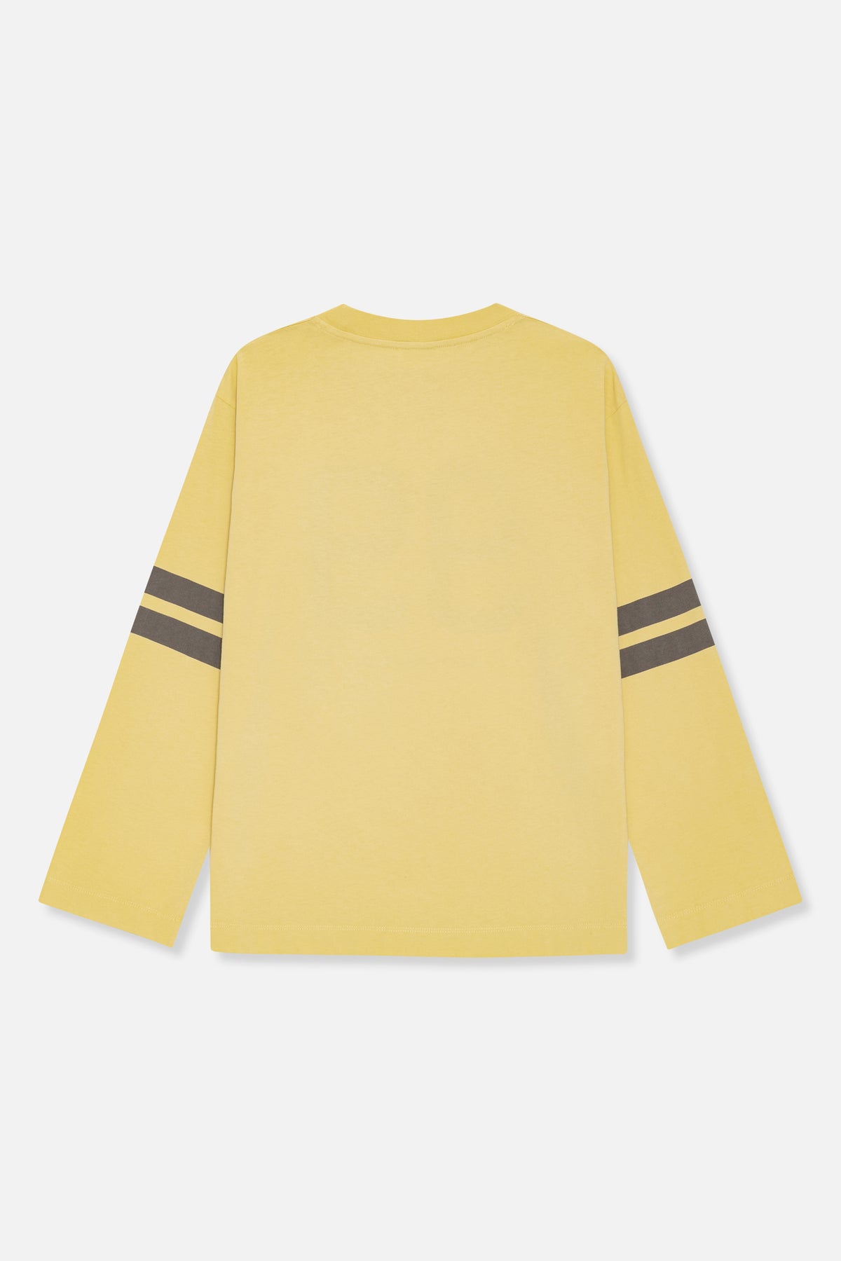 Back view of a yellow long-sleeved crew-neck top with two dark grey stripes on each sleeve.