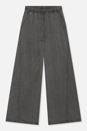 Charcoal grey wide-leg trousers with an elastic drawstring waistband and side pockets, shown from the front.