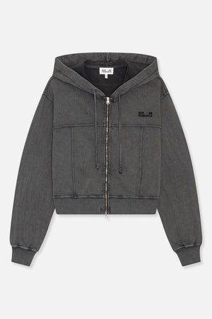 Front view of a charcoal grey zip-up hoodie with drawstring hood, ribbed cuffs and hem, contrast seams and small chest branding.