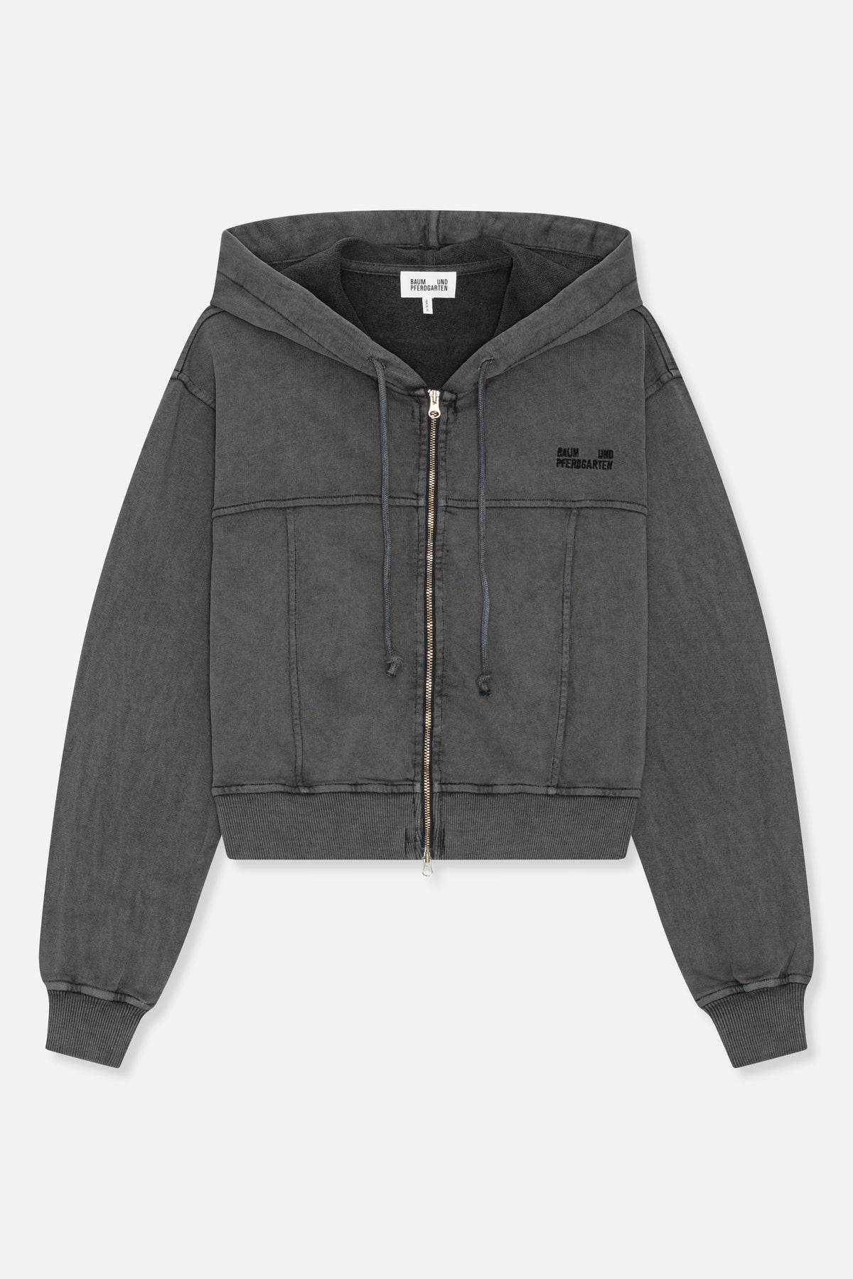 Front view of a charcoal grey zip-up hoodie with drawstring hood, ribbed cuffs and hem, contrast seams and small chest branding.