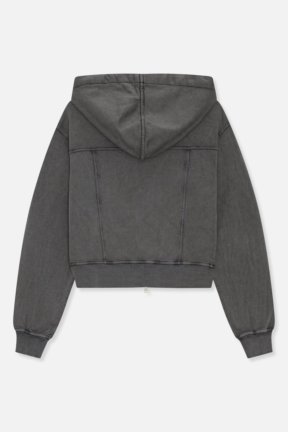 Back view of a charcoal grey zip-up hoodie with a large hood, seam detailing and ribbed cuffs and hem.