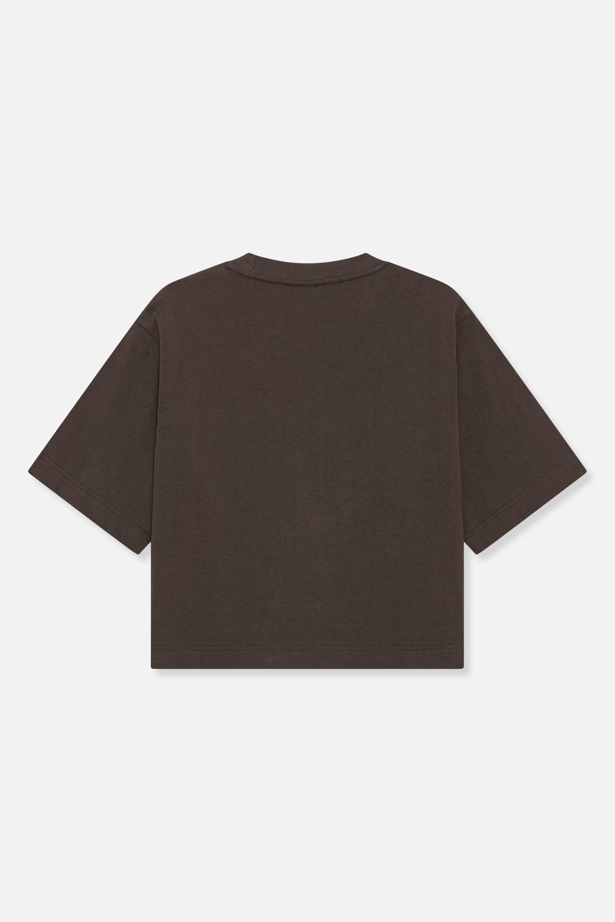 Vue de dos d'un t-shirt uni brun foncé à manches courtes, encolure ras-du-cou et ourlets surpiqués.