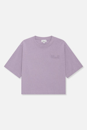 Front view of a lilac short-sleeved T-shirt with a crew neck and subtle tonal embossed lettering on the chest.