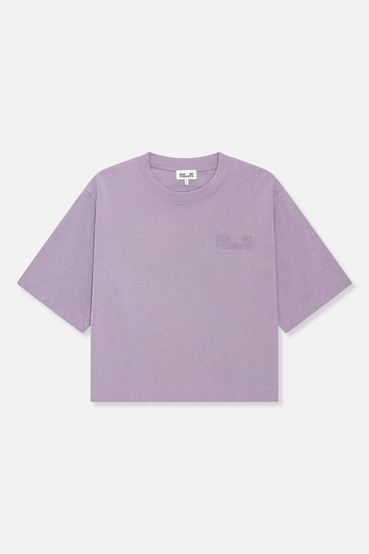 Front view of a lilac short-sleeved T-shirt with a crew neck and subtle tonal embossed lettering on the chest.