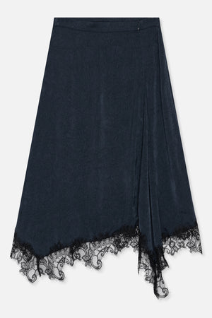 Dark navy crinkled long skirt with an asymmetrical draped hem, black lace trim and a small waistband zipper, shown from the front.