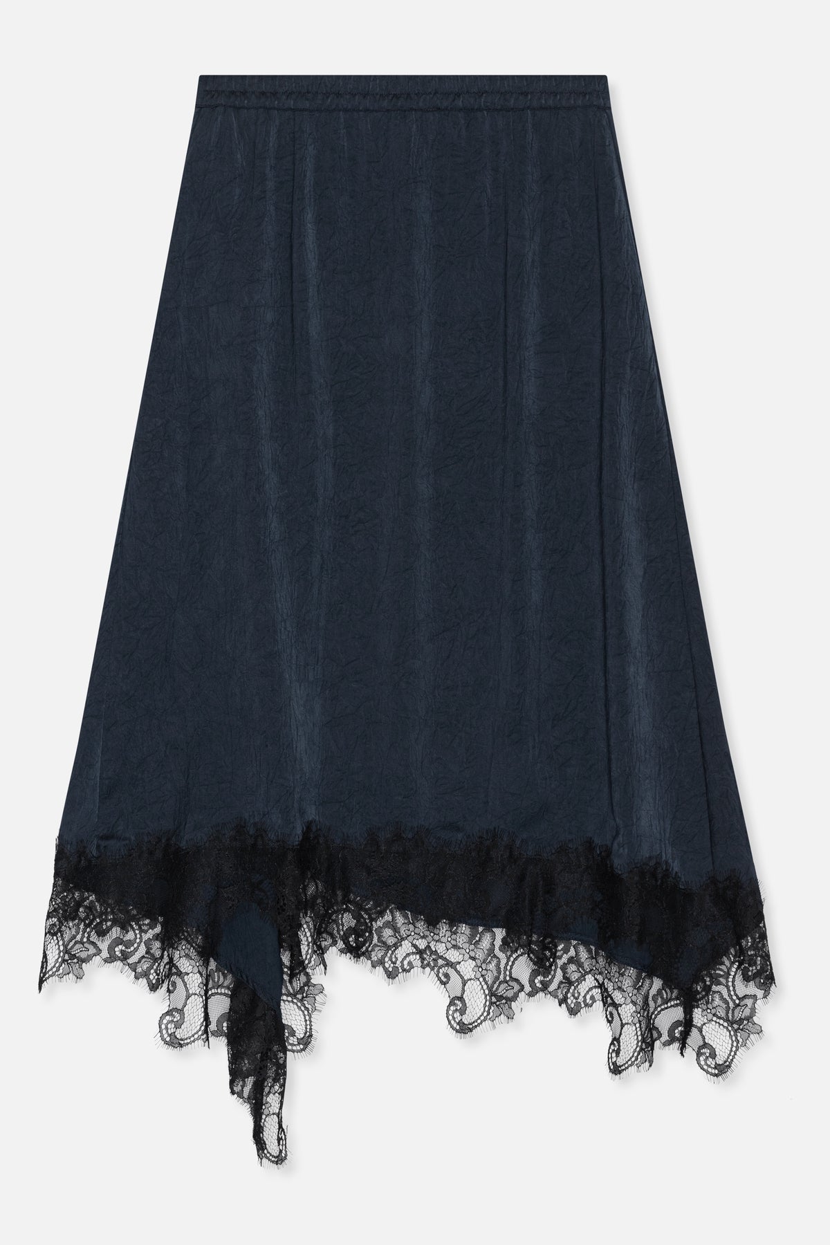 Dark navy crinkled skirt with an asymmetric hem and wide black lace trim, shown flat from the front