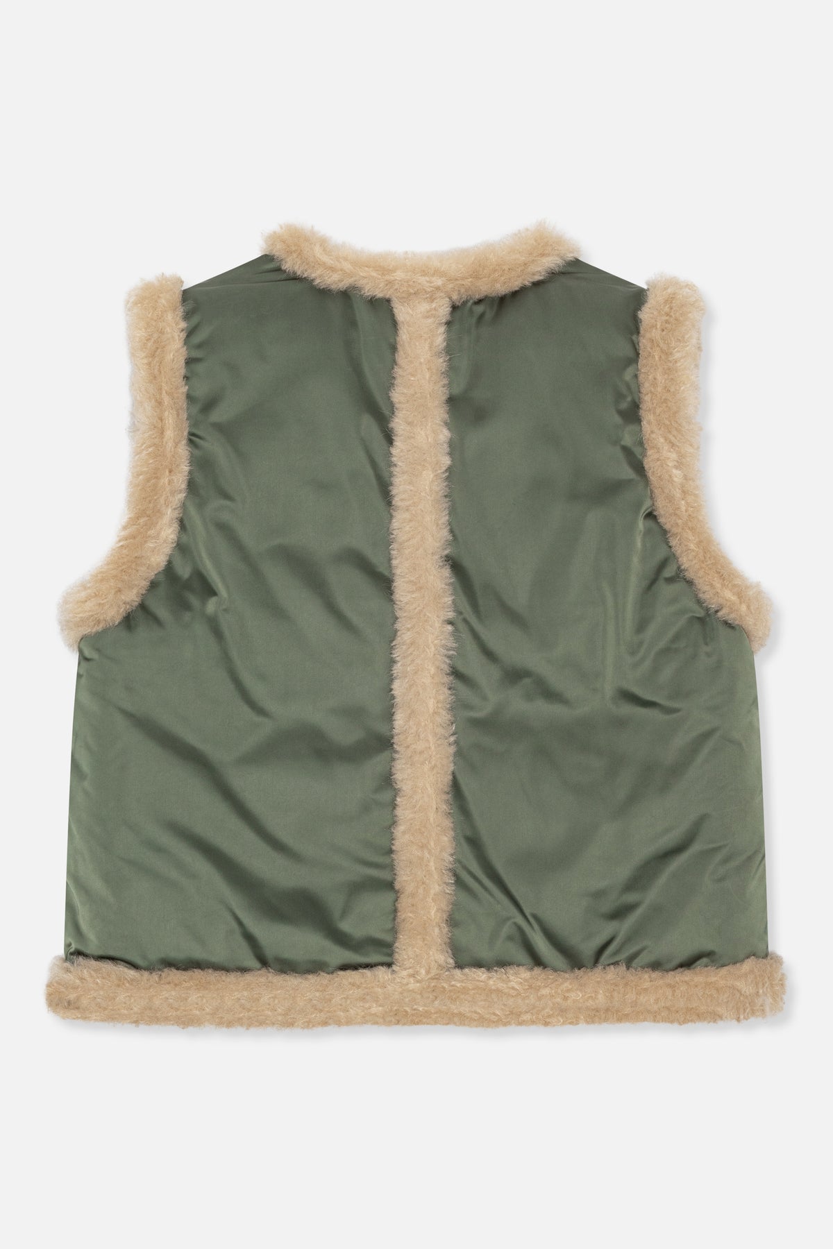 Olive green padded sleeveless vest with beige fluffy trim along the collar, front, armholes and hem, shown from the front.