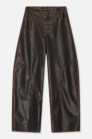 Front view of dark brown leather-look wide-leg trousers with a button waist, curved panel seams and contrast stitching.