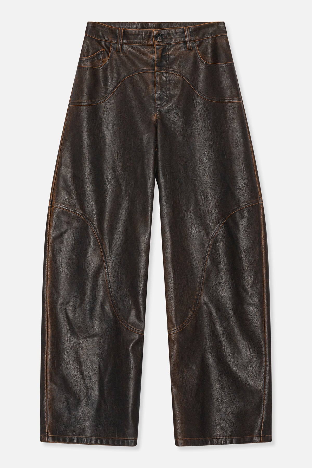 Front view of dark brown leather-look wide-leg trousers with a button waist, curved panel seams and contrast stitching.