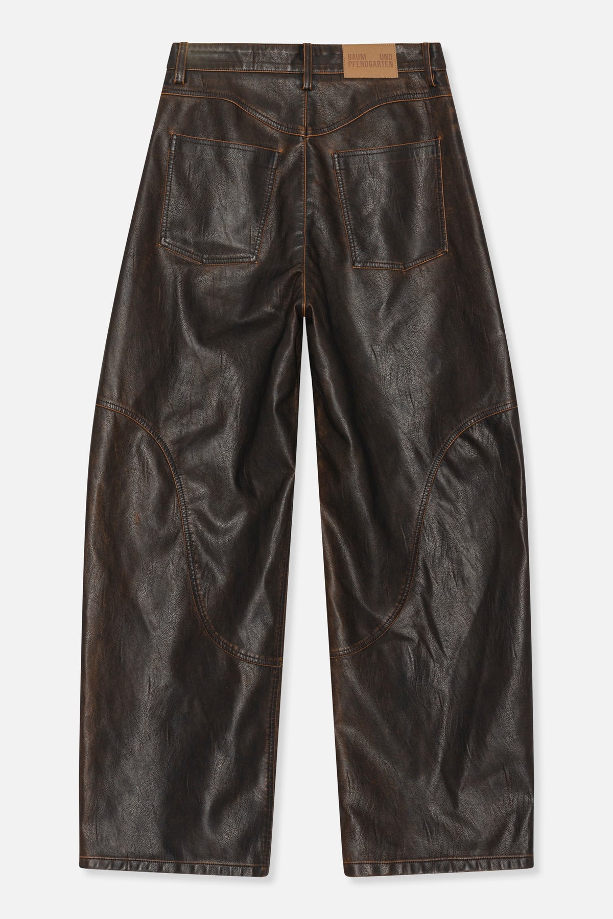 Back view of dark brown textured wide-leg trousers with two patch pockets and curved contrast stitching.