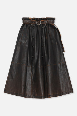 Front view of a dark brown flared skirt with a belted waist, double-button front, patch pockets and contrast stitching.