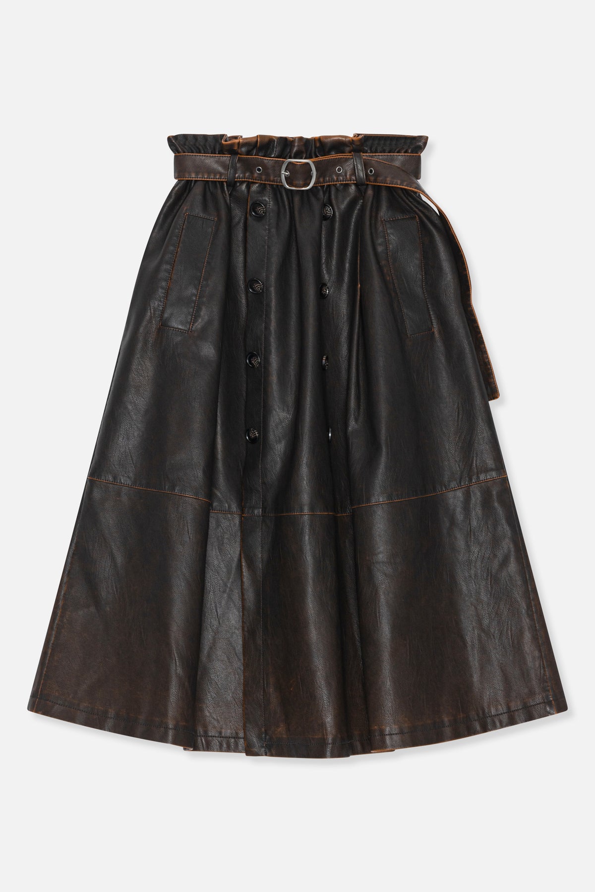 Front view of a dark brown flared skirt with a belted waist, double-button front, patch pockets and contrast stitching.