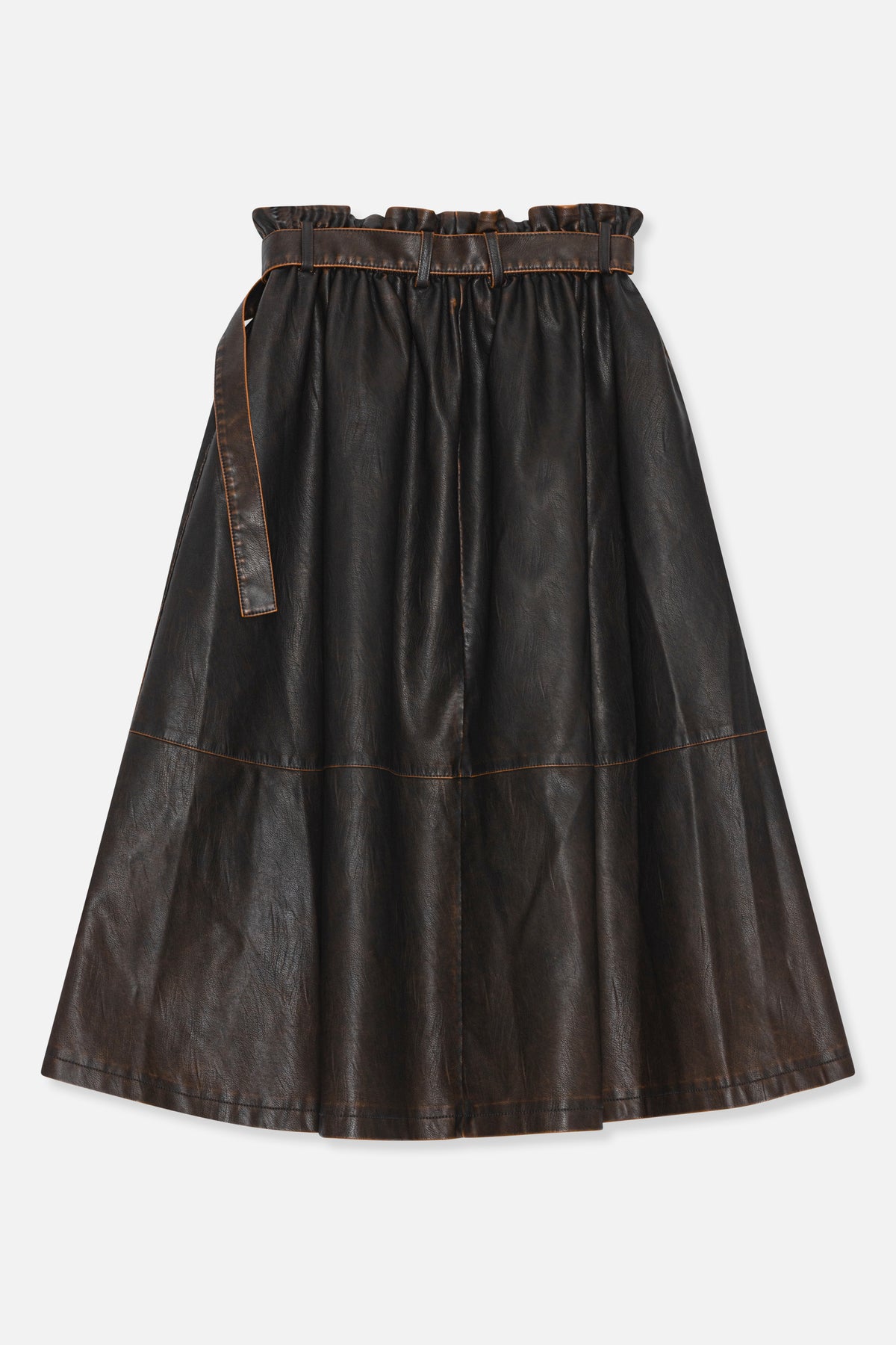 Front view of a dark brown, flared midi skirt with a gathered waistband, matching tie belt and contrasting brown topstitching.