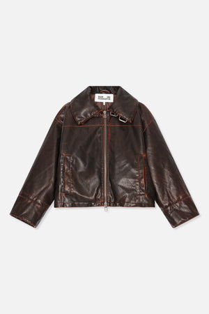Front view of a dark brown leather-look jacket with an oversized collar, orange contrast stitching, zip fastening and side pockets.