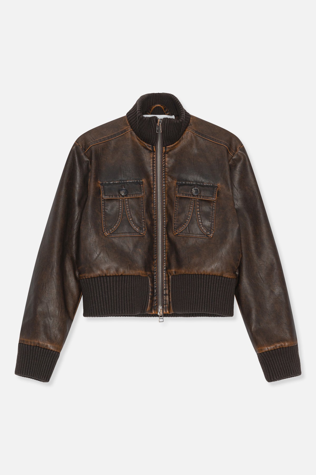 Front view of a dark brown jacket with a mottled leather-look finish, ribbed high collar and cuffs, zip closure, and flap pockets.
