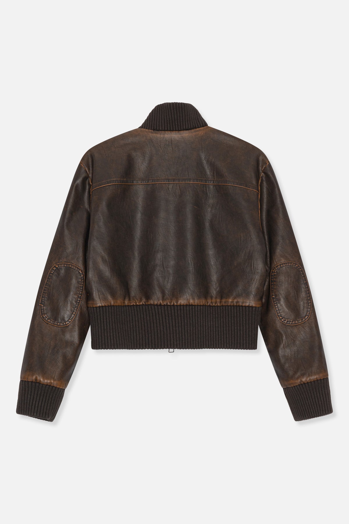 Back view of a distressed dark brown leather-look jacket with ribbed dark collar, cuffs and hem, and stitched elbow patches.