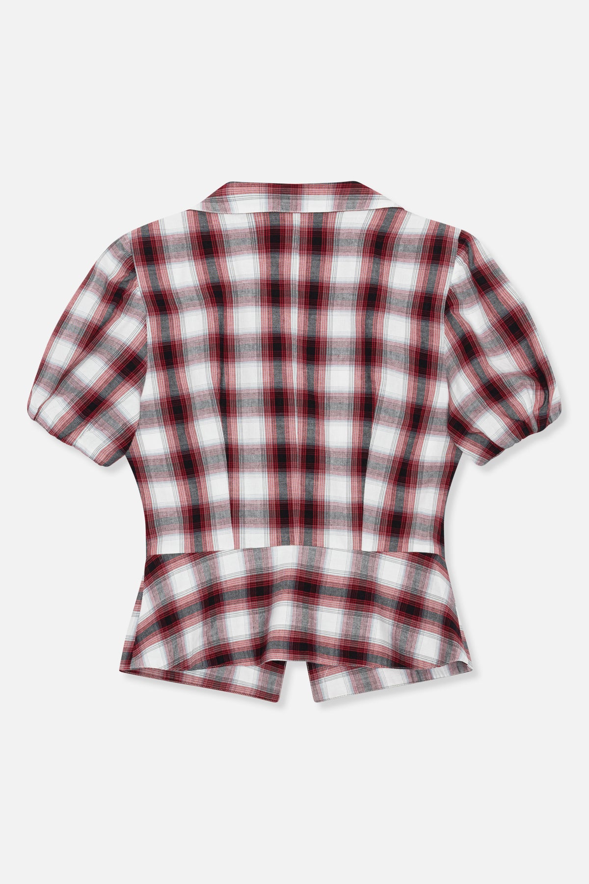 Back view of a short-sleeved shirt with a pointed collar and red, black, grey and white plaid pattern.