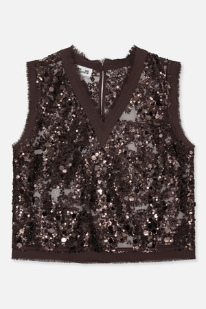 Front view of a sleeveless dark brown mesh top covered in mixed-size sequins, with a deep V-neckline and frayed trim.