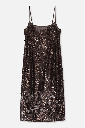 Front view of a dark brown slip dress with thin adjustable straps and dense black, brown and shimmering pink sequins.