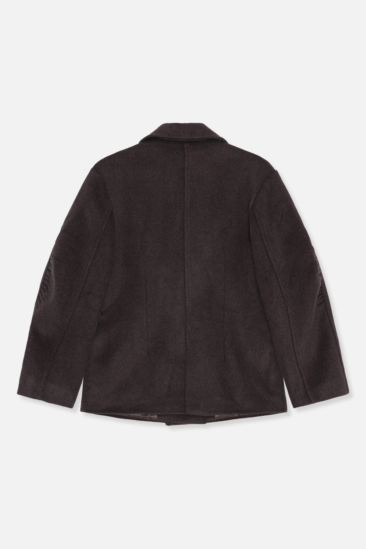 Back view of a dark brown jacket with a wide collar, three-quarter sleeves and vertical seam detailing.