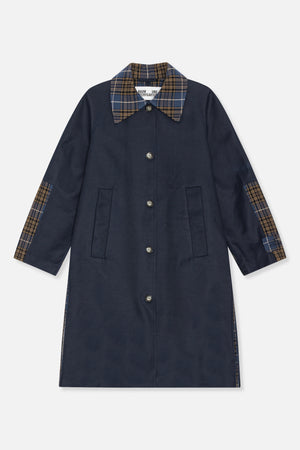 Front view of a long navy coat with a brown and blue plaid collar and cuffs, button fastening and two front pockets.