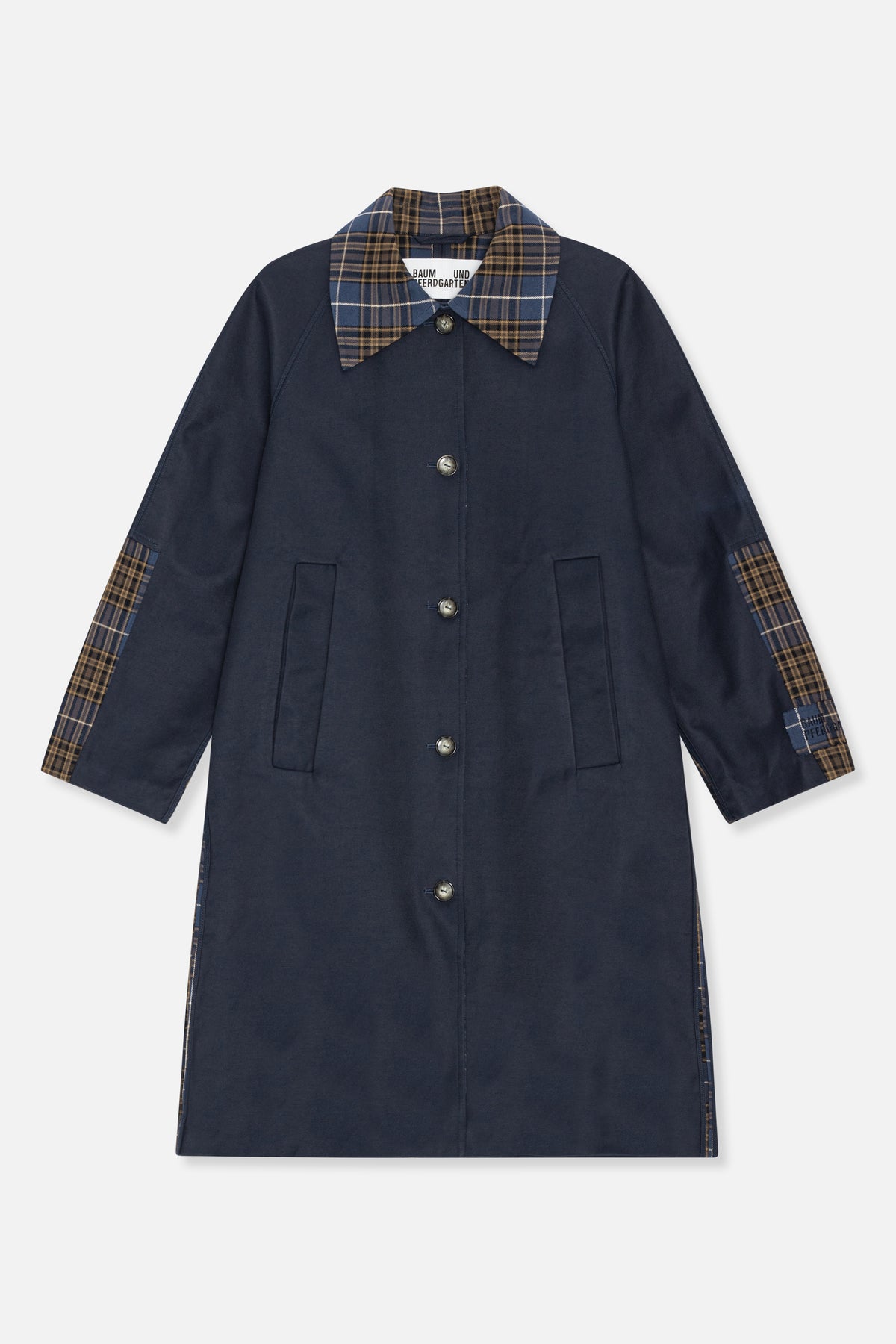 Front view of a long navy coat with a brown and blue plaid collar and cuffs, button fastening and two front pockets.