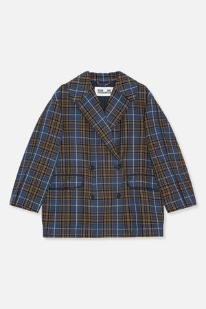 Front view of a blue and brown plaid double-breasted coat with wide lapels and flap pockets.