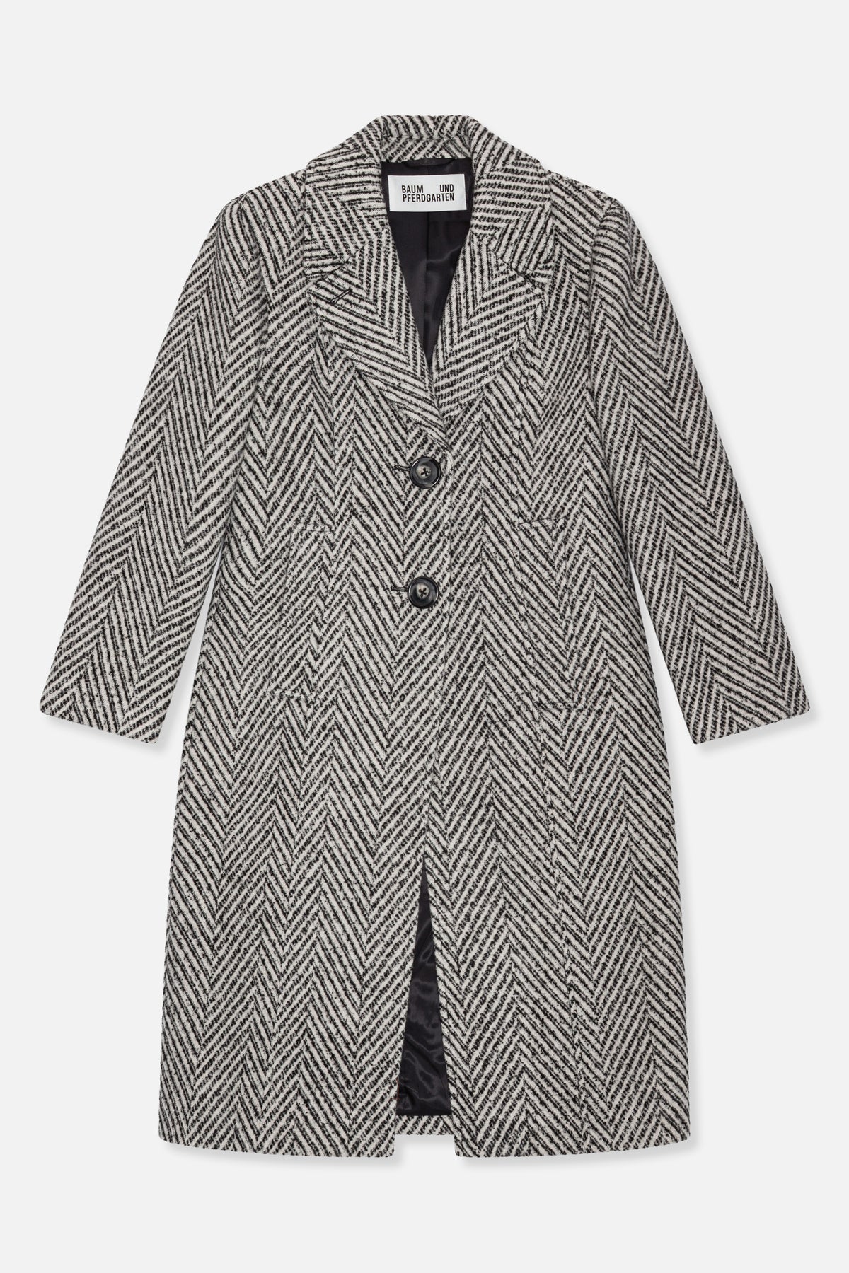 Front view of a long black-and-cream chevron-pattern coat with notched lapels, two dark buttons and welt pockets.
