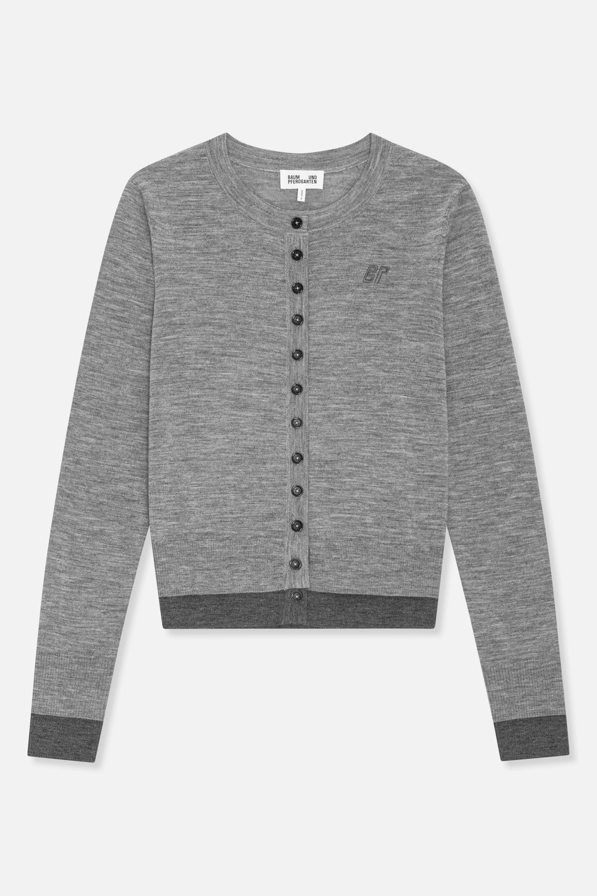 Front view of a grey marl cardigan with a round neck, dark buttons, BP chest embroidery and charcoal contrast cuffs and hem.