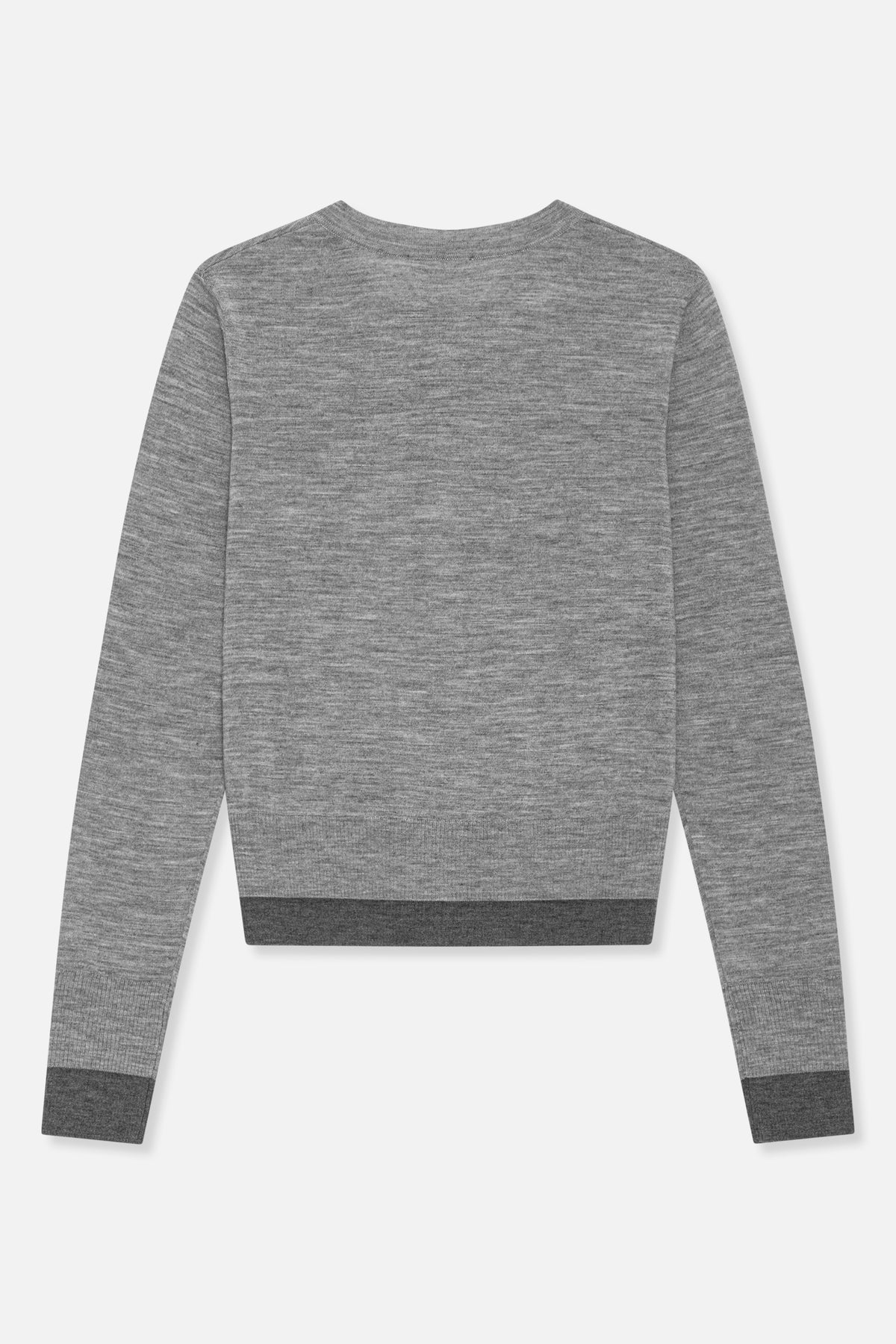 Back view of a grey marl crew-neck sweater with long sleeves and charcoal ribbed cuffs and hem.