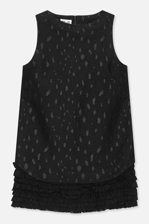 Front view of a black sleeveless dress with a scattered gray abstract pattern and a tiered ruffle hem