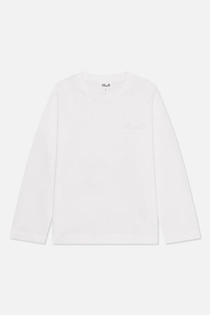Front view of a white long-sleeved crew-neck shirt with subtle raised Baum und Pferdgarten lettering on the chest.