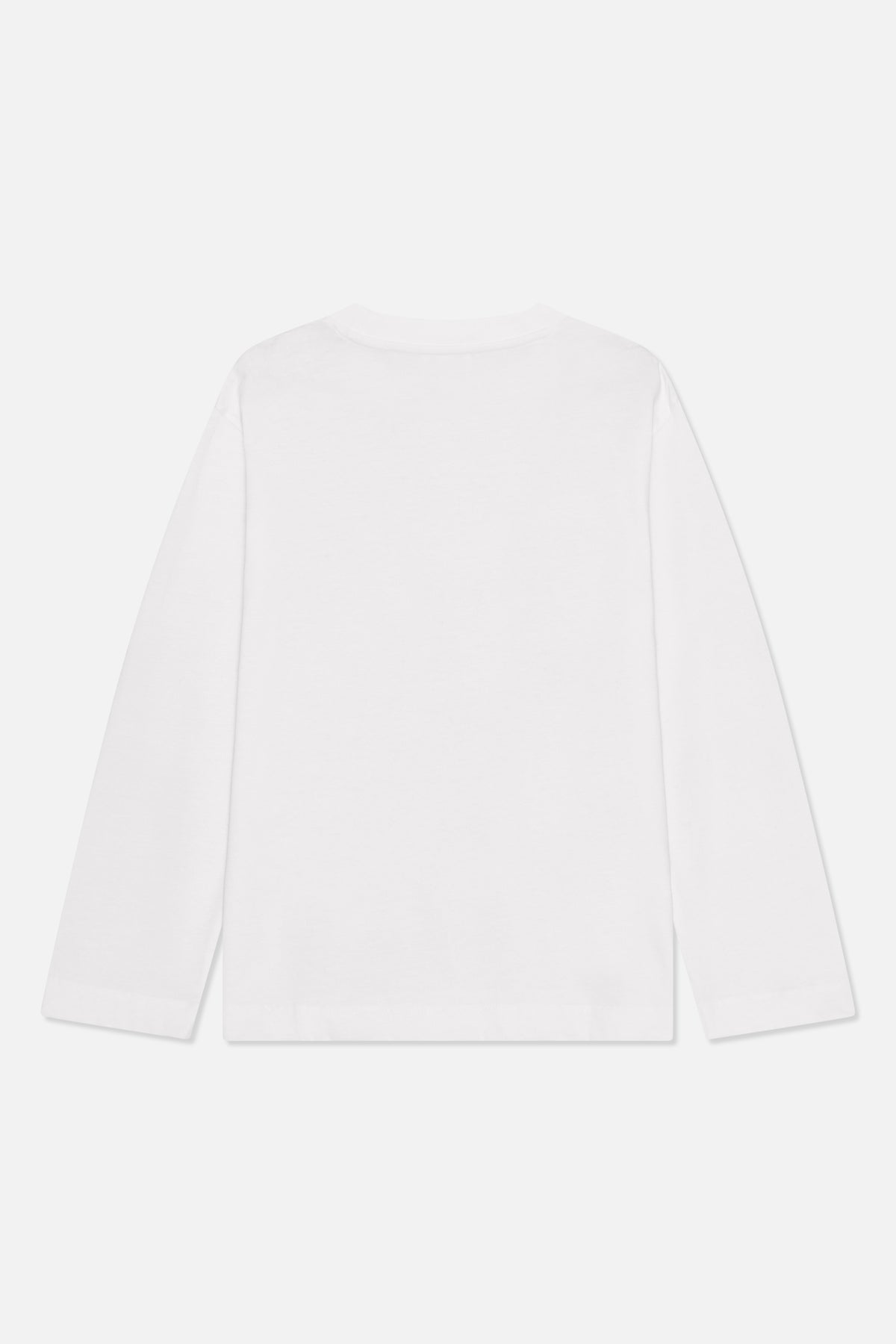 Plain white long-sleeved crew-neck T-shirt shown from the back.