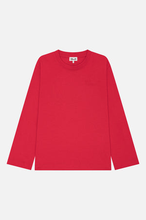 Front view of a bright red long-sleeved crew-neck T-shirt with subtle tonal lettering on the chest.
