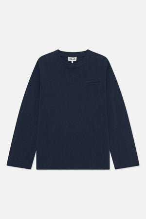 Navy long-sleeved crew-neck top with subtle tonal lettering on the chest, shown from the front.