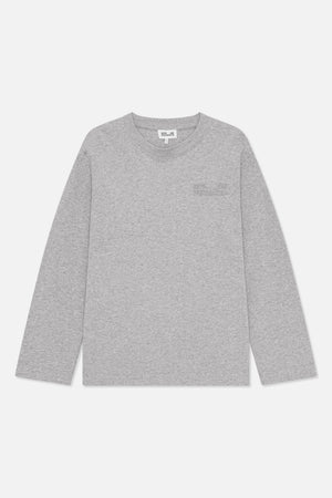 Front view of a plain heather grey long-sleeved crew-neck top with ribbed neckline.
