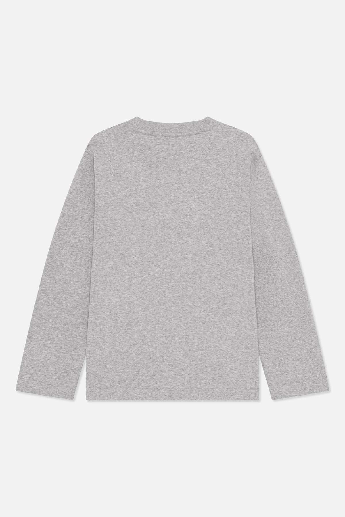 Back view of a plain heather grey long-sleeved sweatshirt with a ribbed crew neckline
