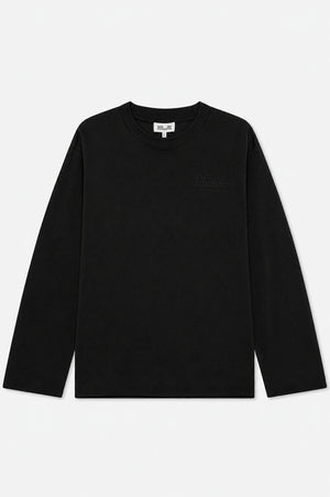 Front view of a black long-sleeved crew-neck T-shirt with subtle tonal Baum und Pferdgarten lettering on the chest.