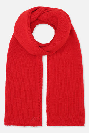 Bright red rib-knit scarf arranged in a loop, with long ends and a small tonal embroidered BP emblem near the hem.