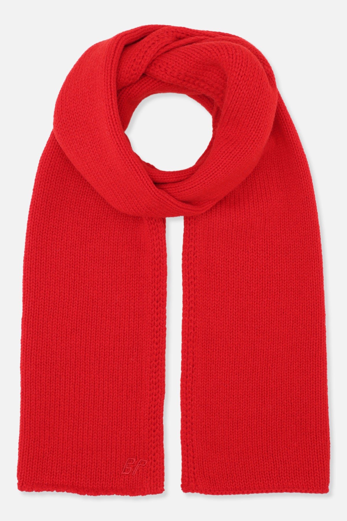 Bright red rib-knit scarf arranged in a loop, with long ends and a small tonal embroidered BP emblem near the hem.