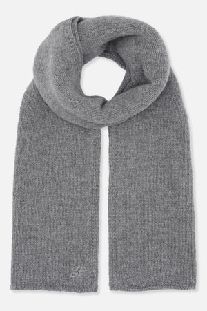 Grey knitted scarf with long ribbed ends, looped at the top and finished with a small tonal embroidered monogram.