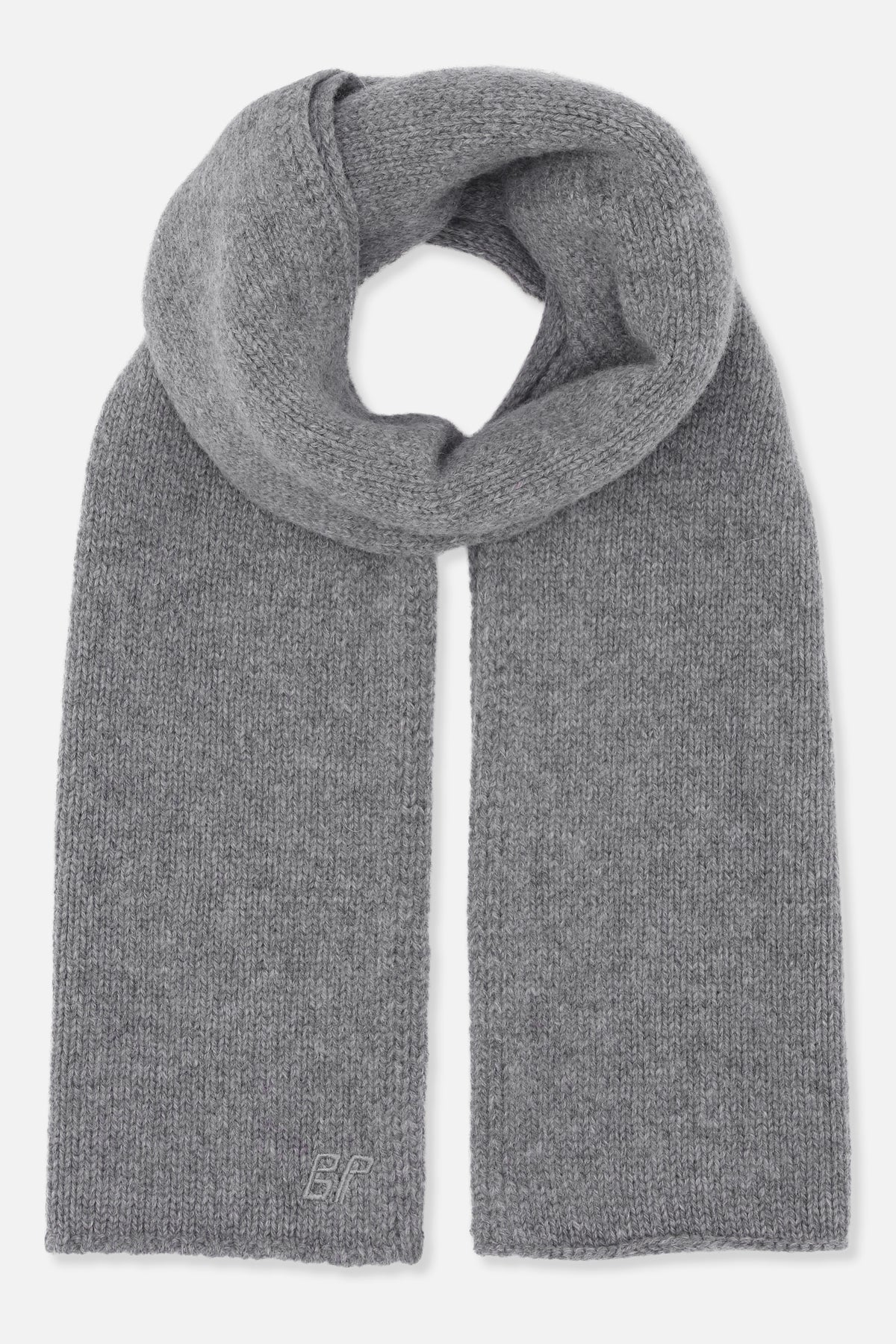 Grey knitted scarf with long ribbed ends, looped at the top and finished with a small tonal embroidered monogram.