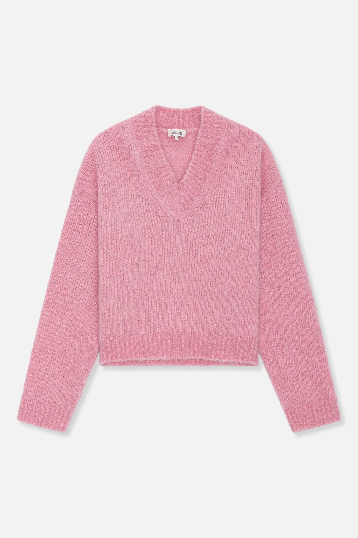 Front view of a pink fuzzy knit sweater with a deep V-neck, long sleeves and ribbed trim.