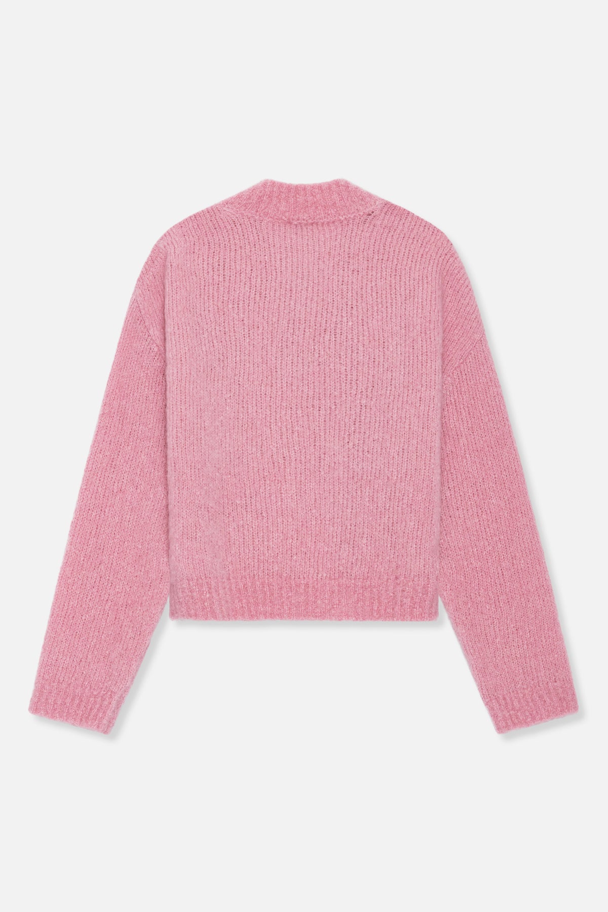 Back view of a light pink long-sleeved knit sweater with a rounded neckline, open-stitch texture, and ribbed cuffs and hem.