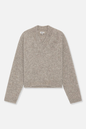 Front view of a light taupe, fuzzy knit sweater with a V-neck and long sleeves.