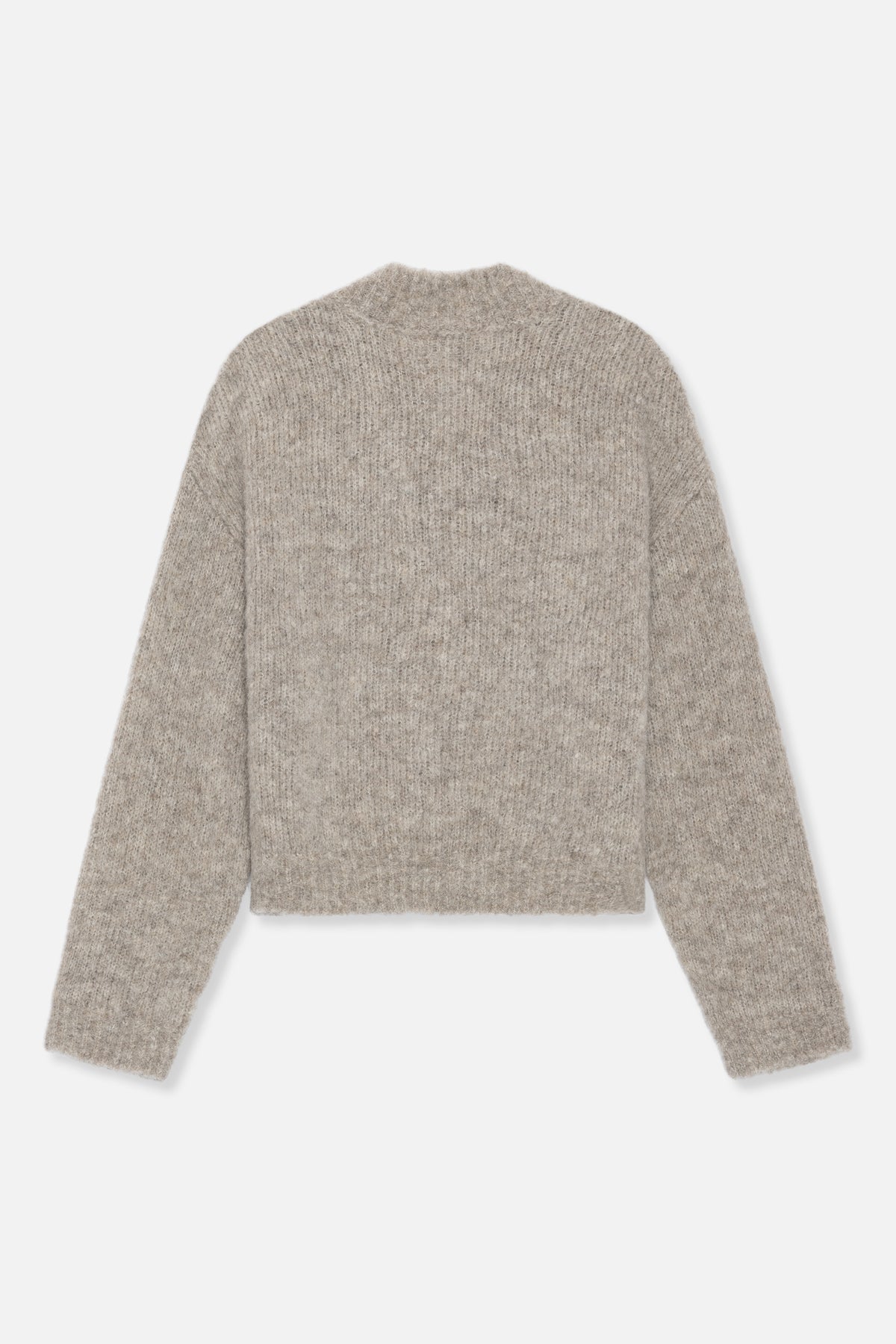 Front view of a taupe marled fuzzy-knit sweater with a round neckline and long sleeves.