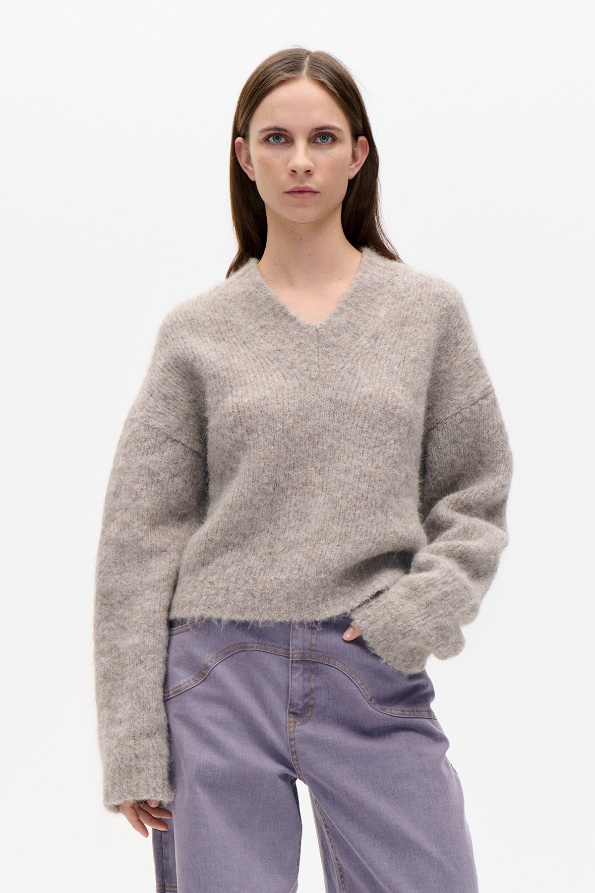 Front view of a model wearing a fuzzy taupe V-neck sweater with long sleeves and lavender trousers.